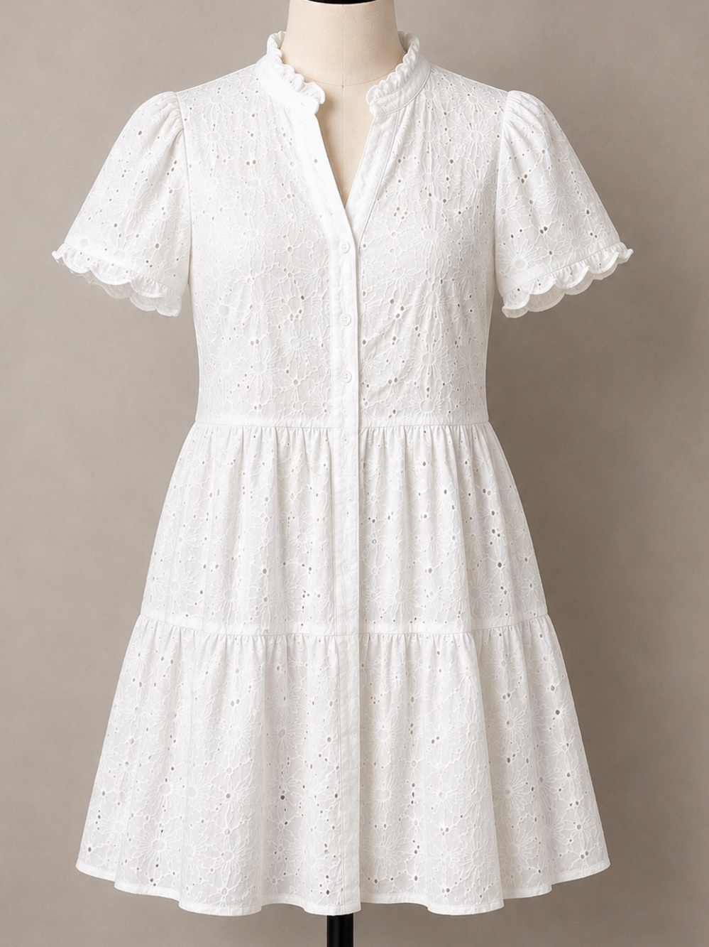 Jade White Eyelet Tiered Short-Sleeve Dress